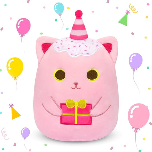 Birthday Plush Pillow,Birthday Cat Stuffed Animal Toy,Cute Pinks Cat Stuffed Animal with Gifts, Happy Birthday Cat Plush Toy,Soft Cat Plushie Birthday Gifts for Kids Girl