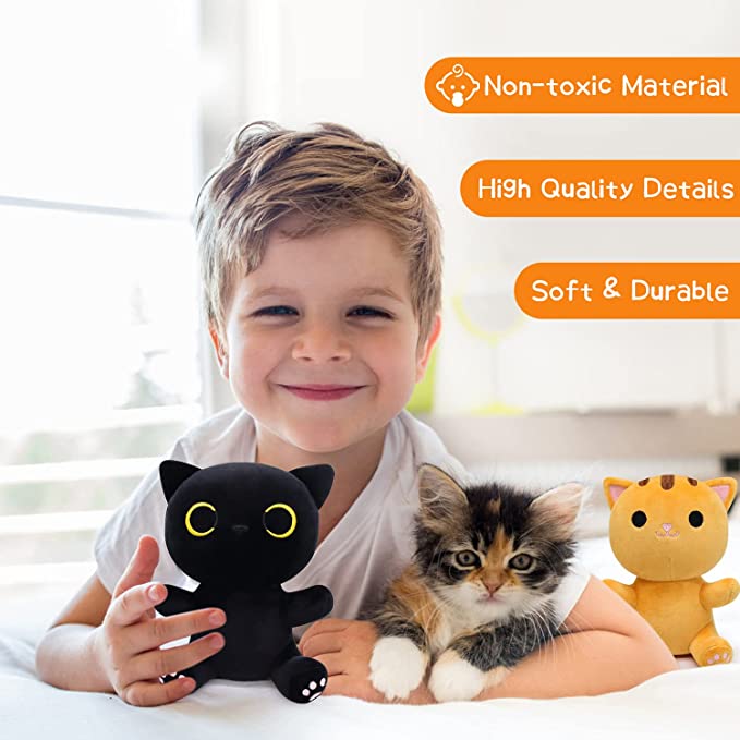 Lot de 2 peluches pour chat - Comprend des animaux en peluche noirs et jaunes - Peluche pour chat (noir + jaune + gris + blanc)