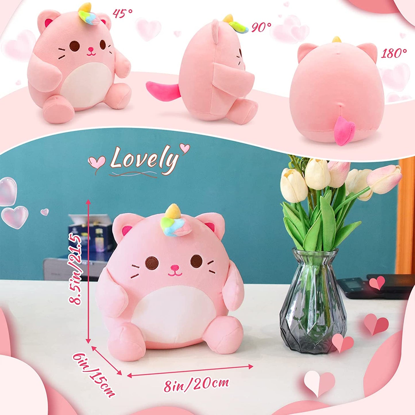 Cat Plush Toy Cat Stuffed Animals, Cute Pink Cat Plushies for Girls, Kawaii Soft Cat Plush Pillow Stuffed Cat Plush Toys for Kids Birthday Christmas Home Decor