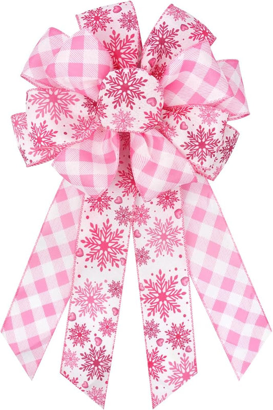 Christmas Bows for Wreaths, Snowflakes Pink and White Christmas Bows Tree Topper, Pink Buffalo Grid Christmas Bow for Front Door Wall Outdoor Christmas Décor Xmas Hanging Ornament