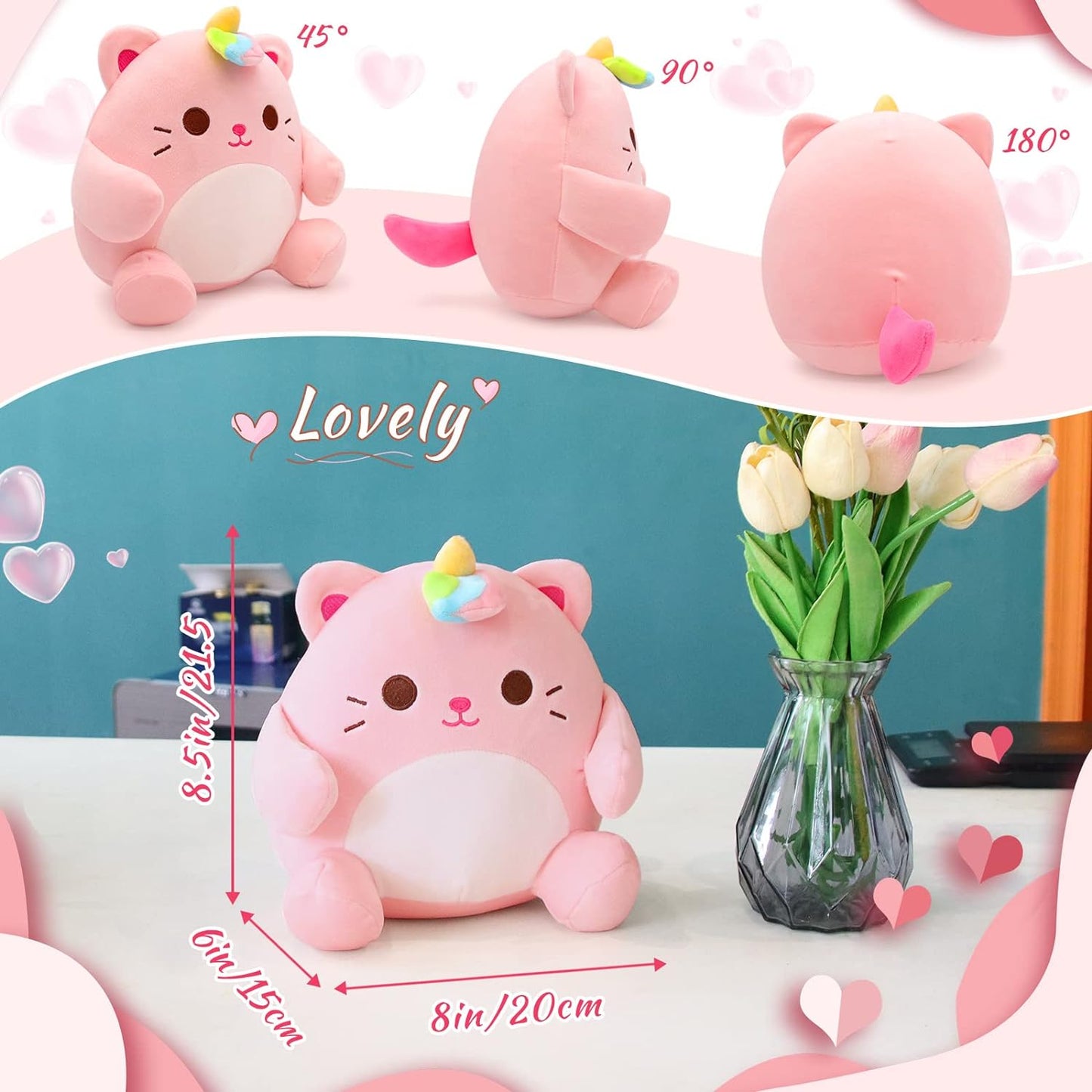 Cat Plush Toy Cat Stuffed Animals, Cute Pink Cat Plushies for Girls, Kawaii Soft Cat Plush Pillow Stuffed Cat Plush Toys for Kids Birthday Christmas Home Decor