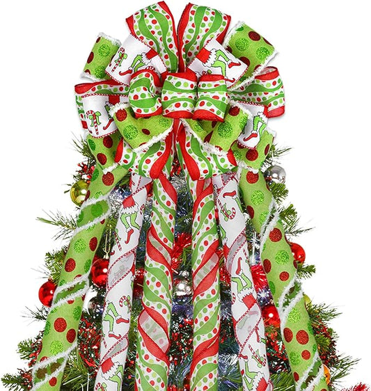 Christmas Tree Topper Wreath Bow, 53 X 13 Inch Large Green Christmas Bows Red Green Dot Xmas Bow Tree Decorations, Christmas Bows for Tree Indoor Outdoor Home Front Door Party Decor