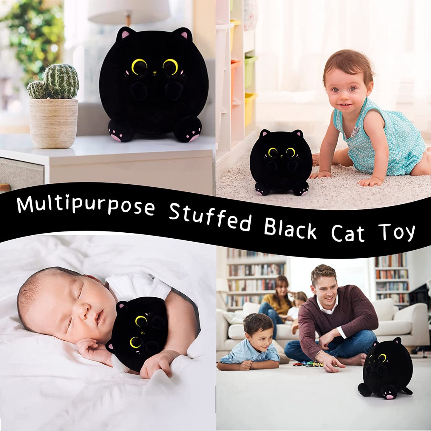 Black Cat Plush Pillows Toy, Kawaii Black Cat Stuffed Animals Cat Plushie, Cute Soft Plush Cat Stuffed Cat Toys for Kids Birthday Christmas