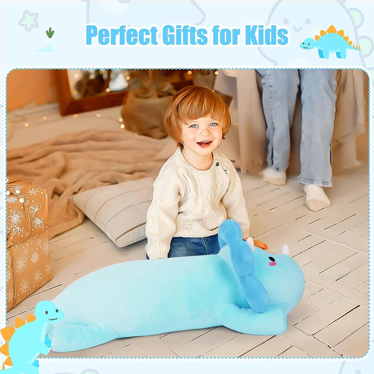 Almohada larga de felpa de dinosaurio, linda almohada de felpa de dinosaurio azul, juguete de peluche de dinosaurio kawaii Marca: Leokawin