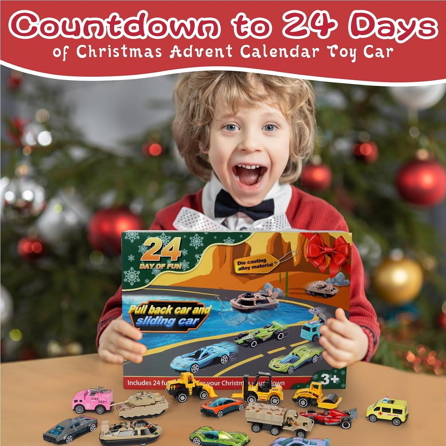 Christmas Advent Calendar 2023, 24pcs Advent Calendar Car Toy, Cars Racing Engineering Cars with Game Map, Kids Advent Calendar Toys Gift（Pull-back type）