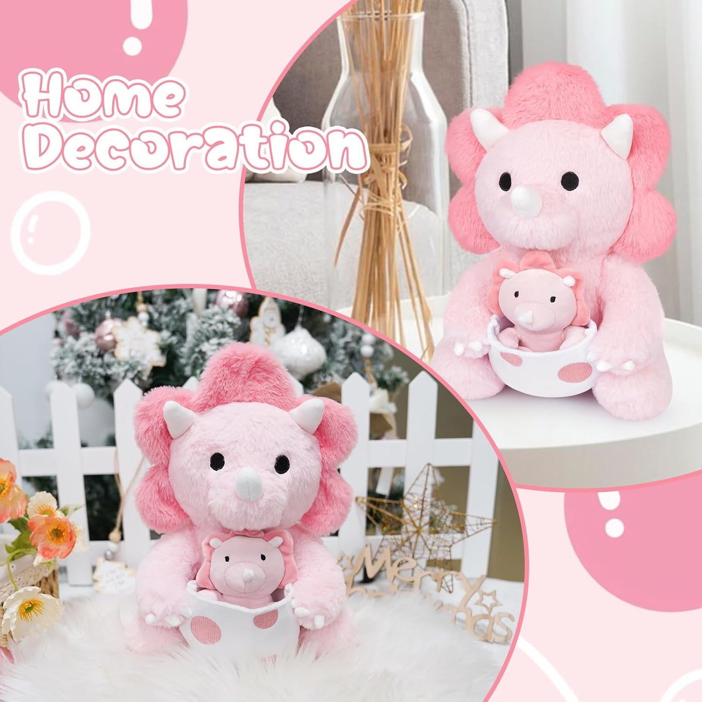 Dinosaur Stuffed Animal,11.8inch Pink Dinosaur Plush with a Baby Dino Plush Girl Dinosaur Toy, Huggable Triceratops Stuffed Animal for Girls,Boys,Birthday