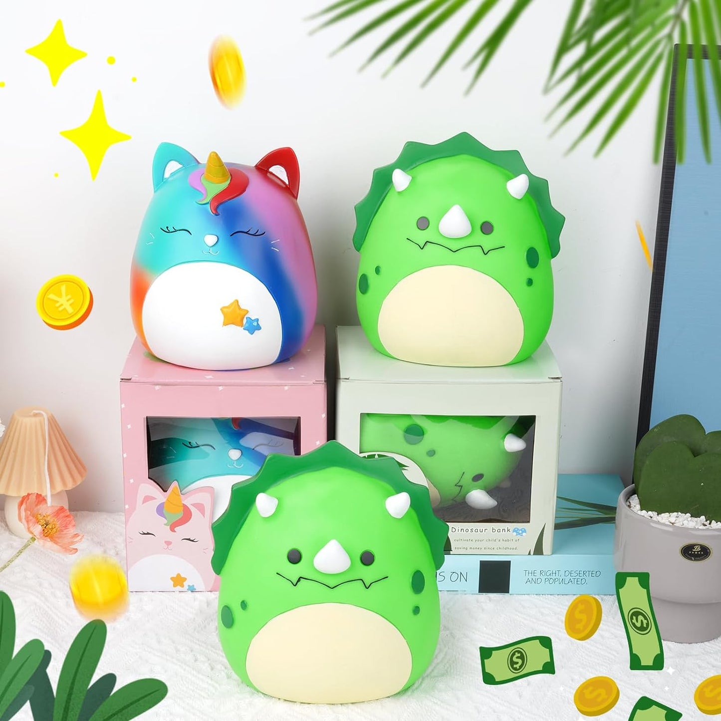 Dinosaur Piggy Bank Girls - Triceratops Piggy Bank for Kids, 7in Green Unbreakable Piggy Bank for Boys & Adults, Cute Coin Bank Gift for Kids Christmas Birthday