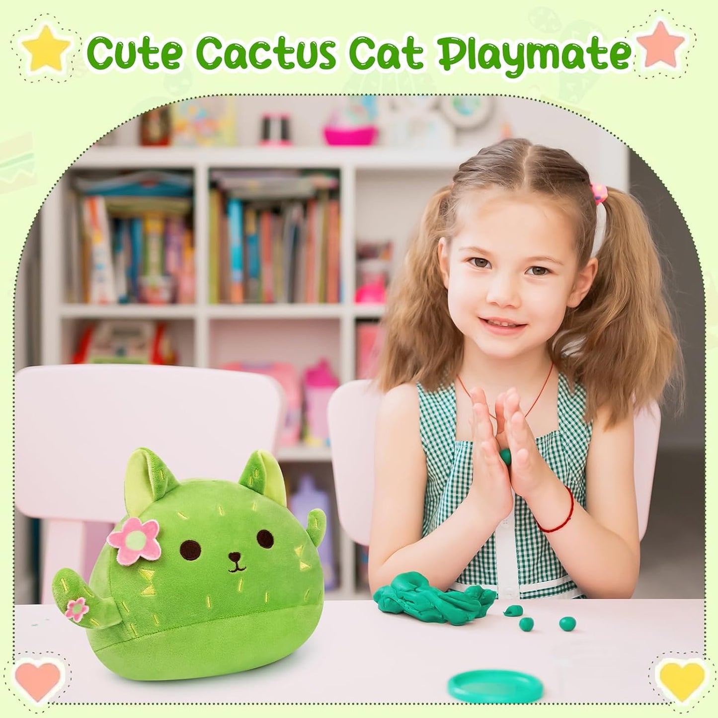 Cat Stuffed Animal Cute Cat Plushies, 8” Kawaii Cactus Plush Plant Plush Toys, Soft Cute Cactus Cat Plush Cactus Pillow, Cute Green Cactus Cat Plush Toy Gift for Kids Boys Girls