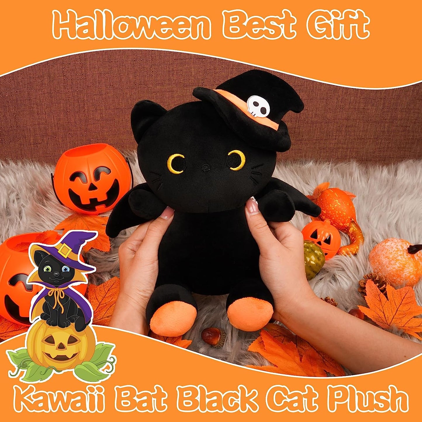 Peluche de gato negro de Halloween, gato negro con sombrero, lindo murciélago negro juguetes de muñeca de peluche, regalos de decoración de Halloween para niños