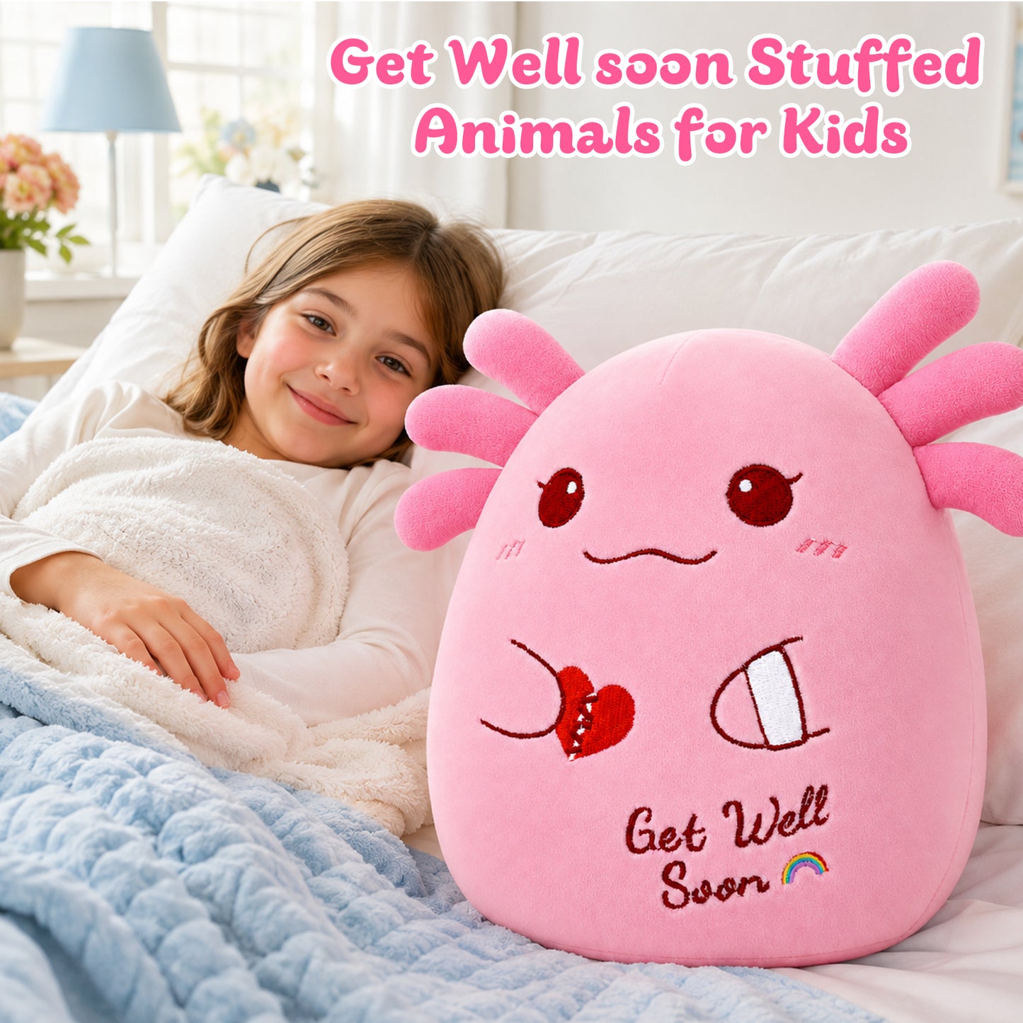 13 Inch Get Well Soon Stuffed Animal, Get Well Gifts for Women Men Kids|Soft Huggable Pink Axolotl Plush Cute Plushies for Kids, Feel Better Gift for Kids Women & Men After Surgery, Get Well Gifts