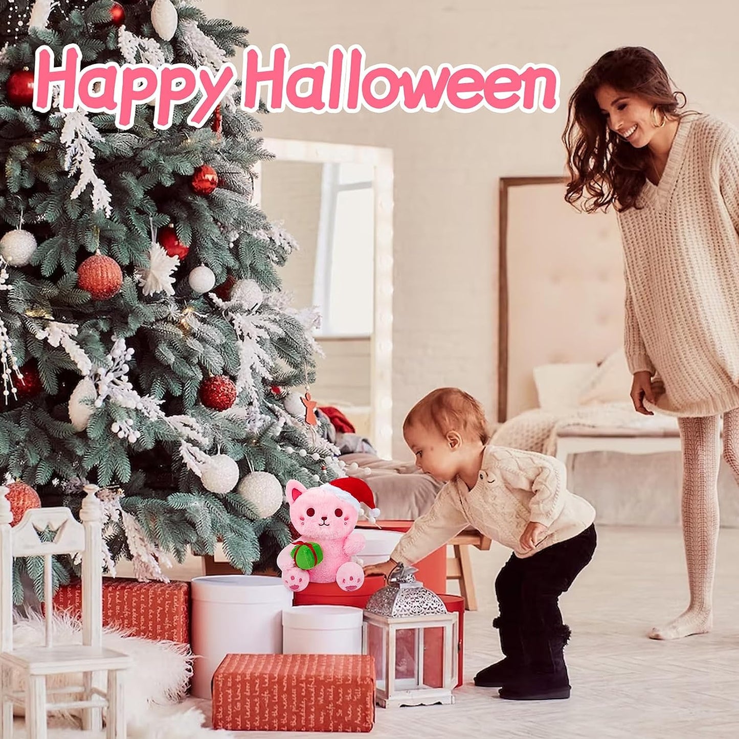 Juguete de peluche de gato rosa de peluche, suave almohada de peluche de gato de Navidad, lindo juguete de peluche para niños y niñas, decoración navideña kawaii