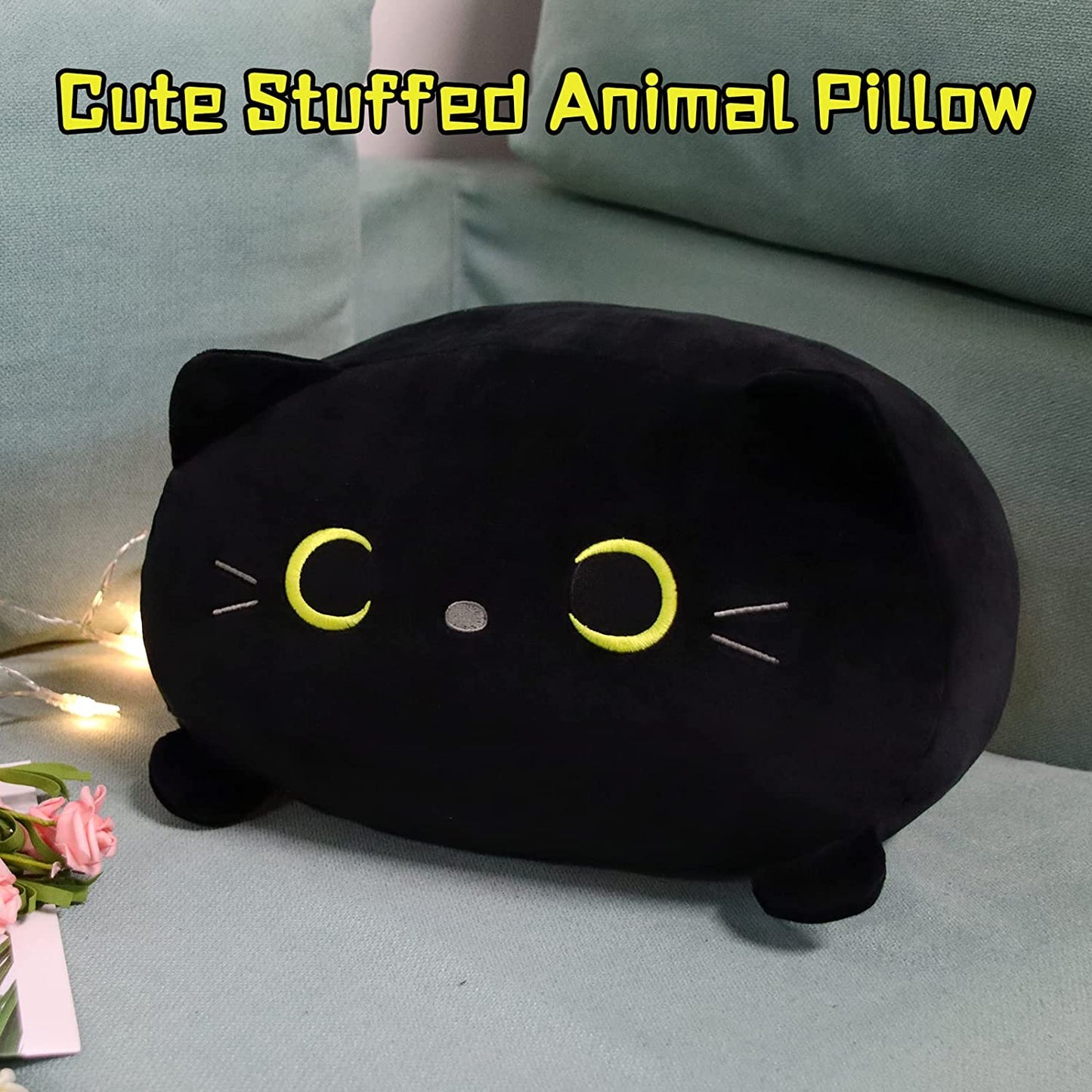 Black Cat Stuffed Animal Plush, 3D Black Cat Plush Black Cat Pillow, Cute Cat Plush Doll Black Cat Pillow Plush Toys Cat Shape Design Sofa Pillow Cushion Decoration Doll