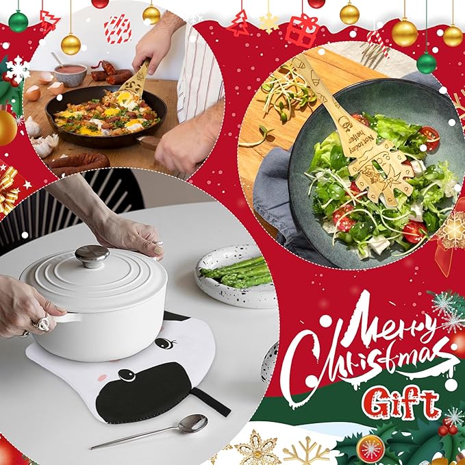 9Pcs Wooden Spoons for Cooking, Mothers Day Gift for Mom Wooden Kitchen Utensil Set with Aprons & Kitchen Towels, Bamboo Cooking Utensils Set Great Christmas Birthday Gift for Women Her (Cow)