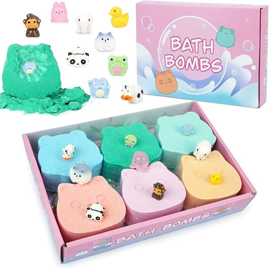 Bath Bombs for Kids - Bath Bombs with Toys Inside,6 Pack Bath Bombs Kids Gifts,Fun Frog and Cat Bath Bombs with Surprise Inside,Bubble Bath Fizzy for Kids Girls Boys