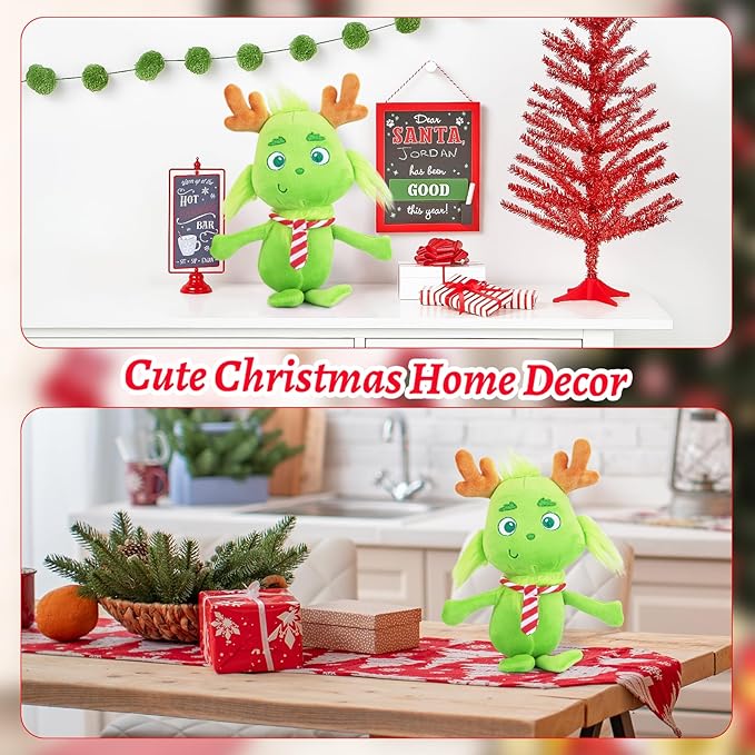 Christmas Plush, 8inch Green Monster Plush with Antlers Christmas Stuffed Animal Toys Doll, Cute for Kids Boys and Girls, Women, Girlfriend Stocking Stuffers