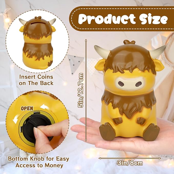 Highland Cow Piggy Bank, Unbreakable Cow Coin Money Bank with Gift Box, Cute Plastic Piggy Bank for Kids Adults Great Gifts for Birthday, Christmas, Home Decor