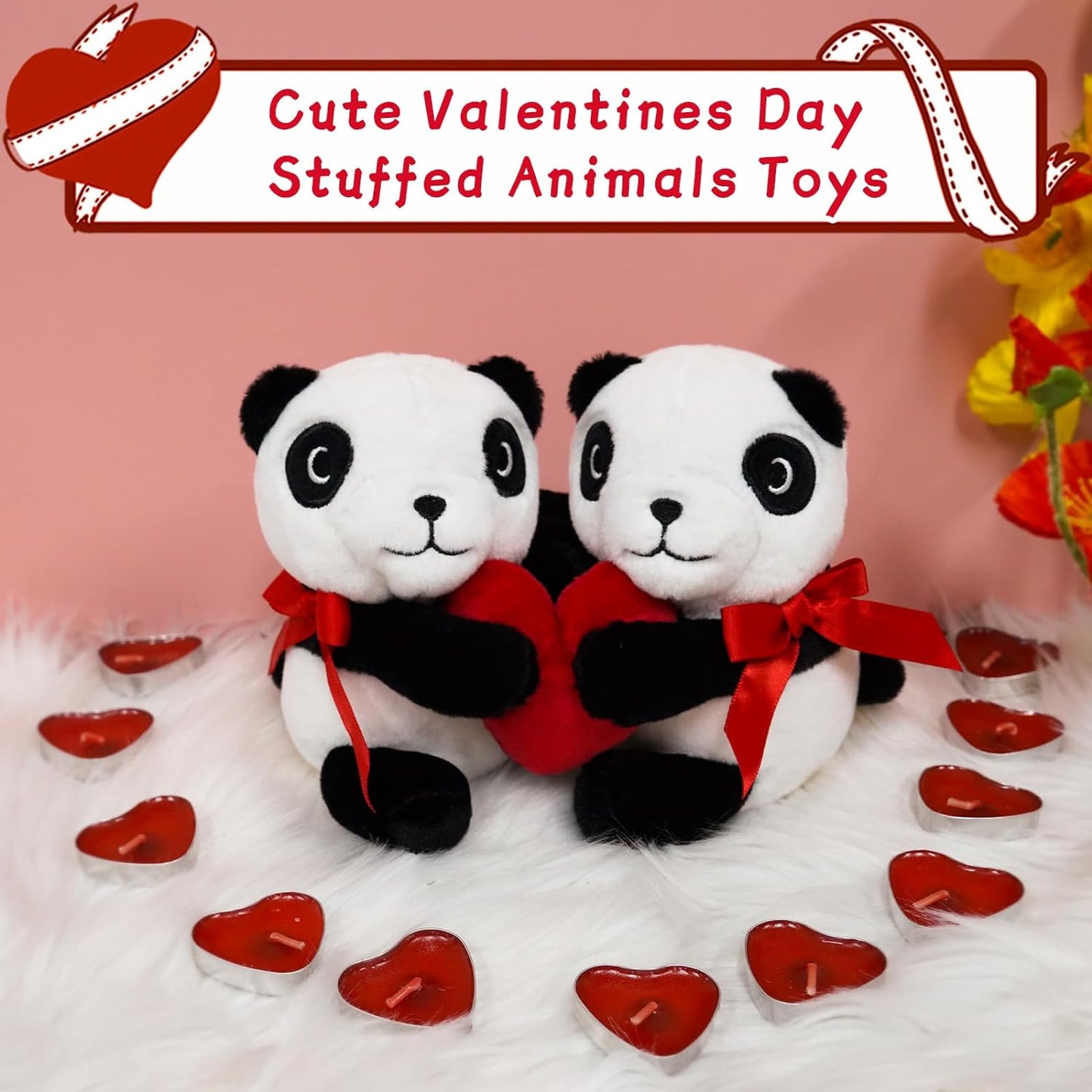 Cute Panda Stuffed Animals with Red Heart, Couple of Panda Plush Toy, Valentines Day Decoration Plush Gift for Kids