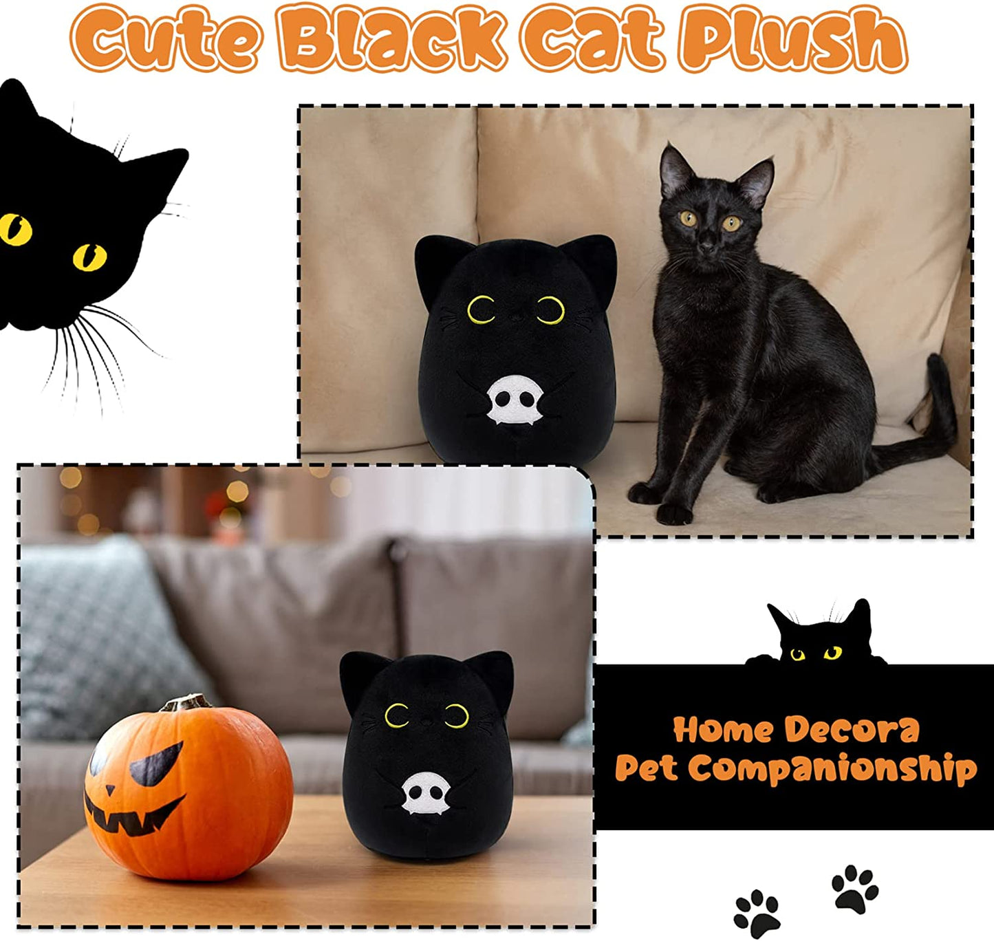 Halloween Plush 6" Black Cat Plush, Halloween Plush Pillow Black Cat Pillow Toy for Kids, Cute Cat Halloween Decoration, Birthday for Grils and Boys