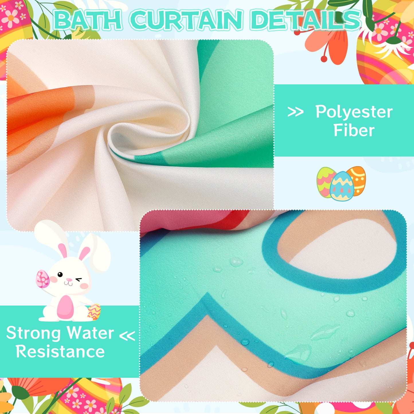 4Pcs Easter Shower Curtain Set with Non Slip Rugs, Toilet Lid Cover and Bath Mat, Easter Bathroom Decor Spring Bathroom Set, Bunny Shower Curtains with 12 Hooks