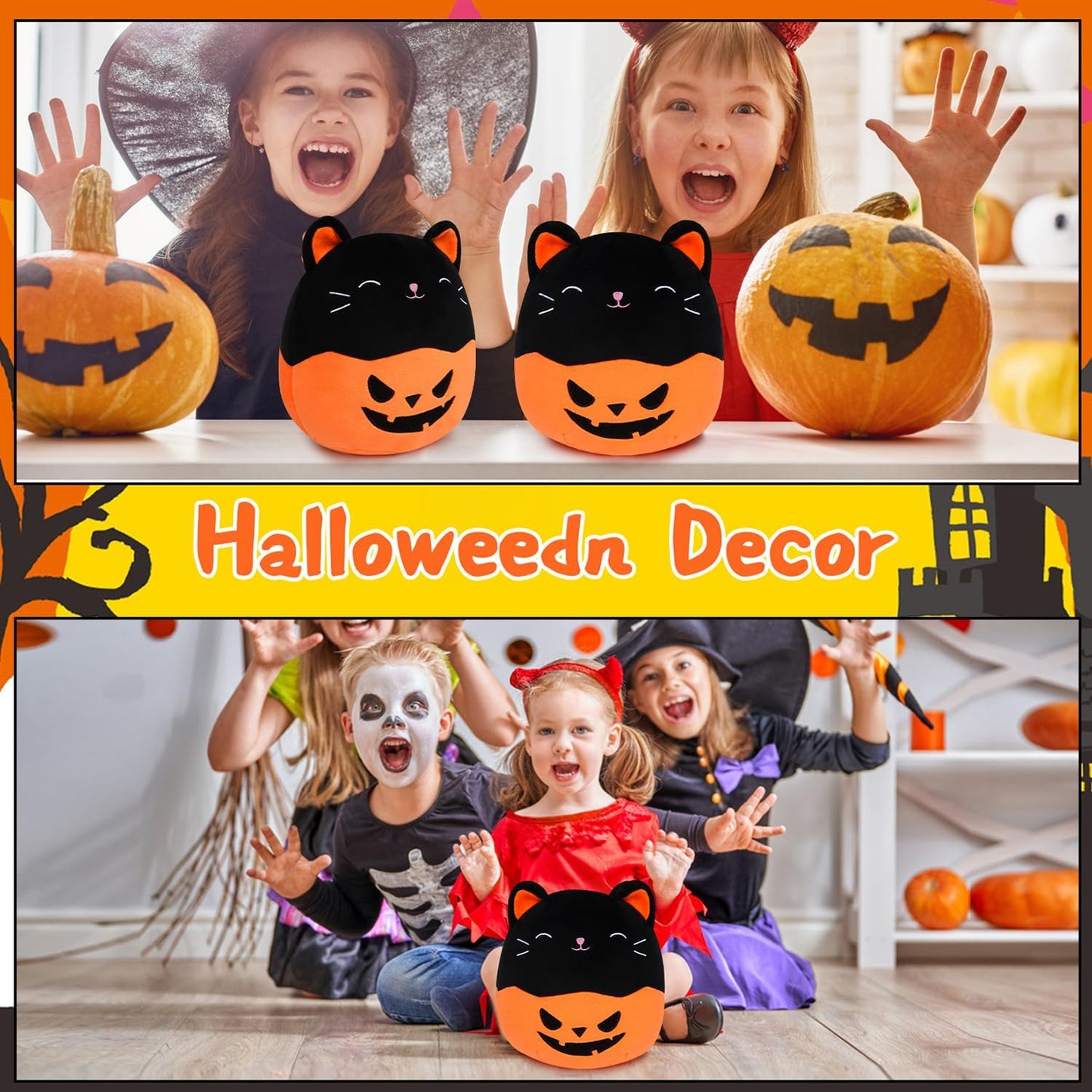 Halloween Plush Pillow Black Cat Plush Cat Stuffed Animals Toy for Kids, Black Pumpkin Cat Plushie for Boys Girls Halloween Decor