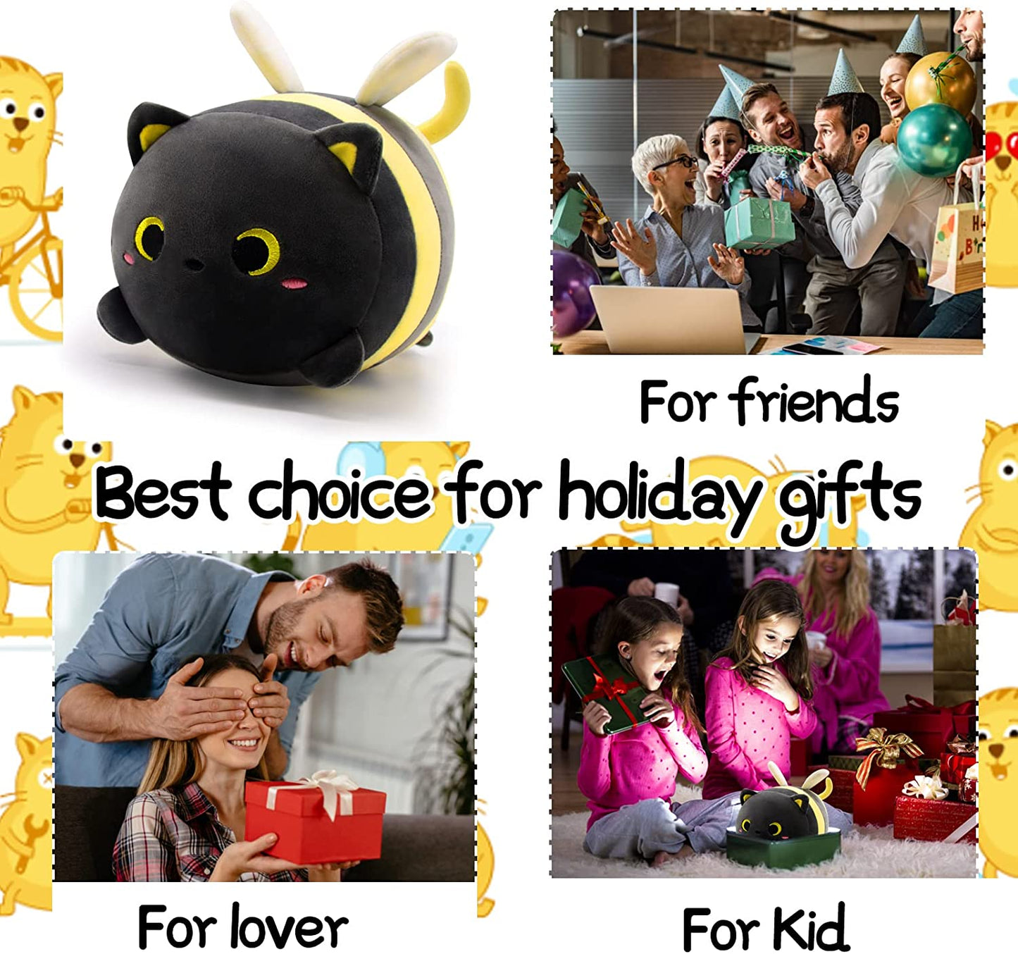 Cute Cat Bee Plush Pillow, 8" Black Cat Bee Stuffed Animal Kawaii Cat Bee Plushie, Soft Black Cat Bee Plush Toy Gift for Kid’s Birthday, Hugging Plush Cat Pillow for Girlfriend