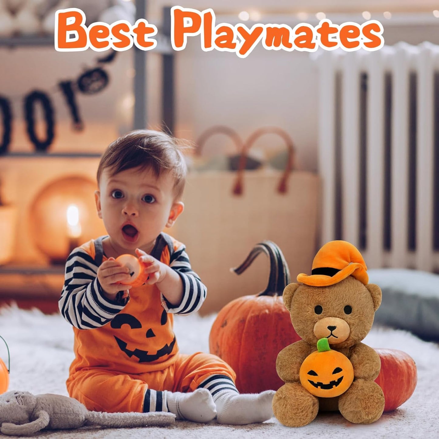 Teddy Bear Stuffed Animal, 8.6 inch Halloween Teddy Bear Hugging Pumpkin, Cute Teddy Bear Plush Toys with Hat, Halloween Decoration Gifts for Adults Children, Brown