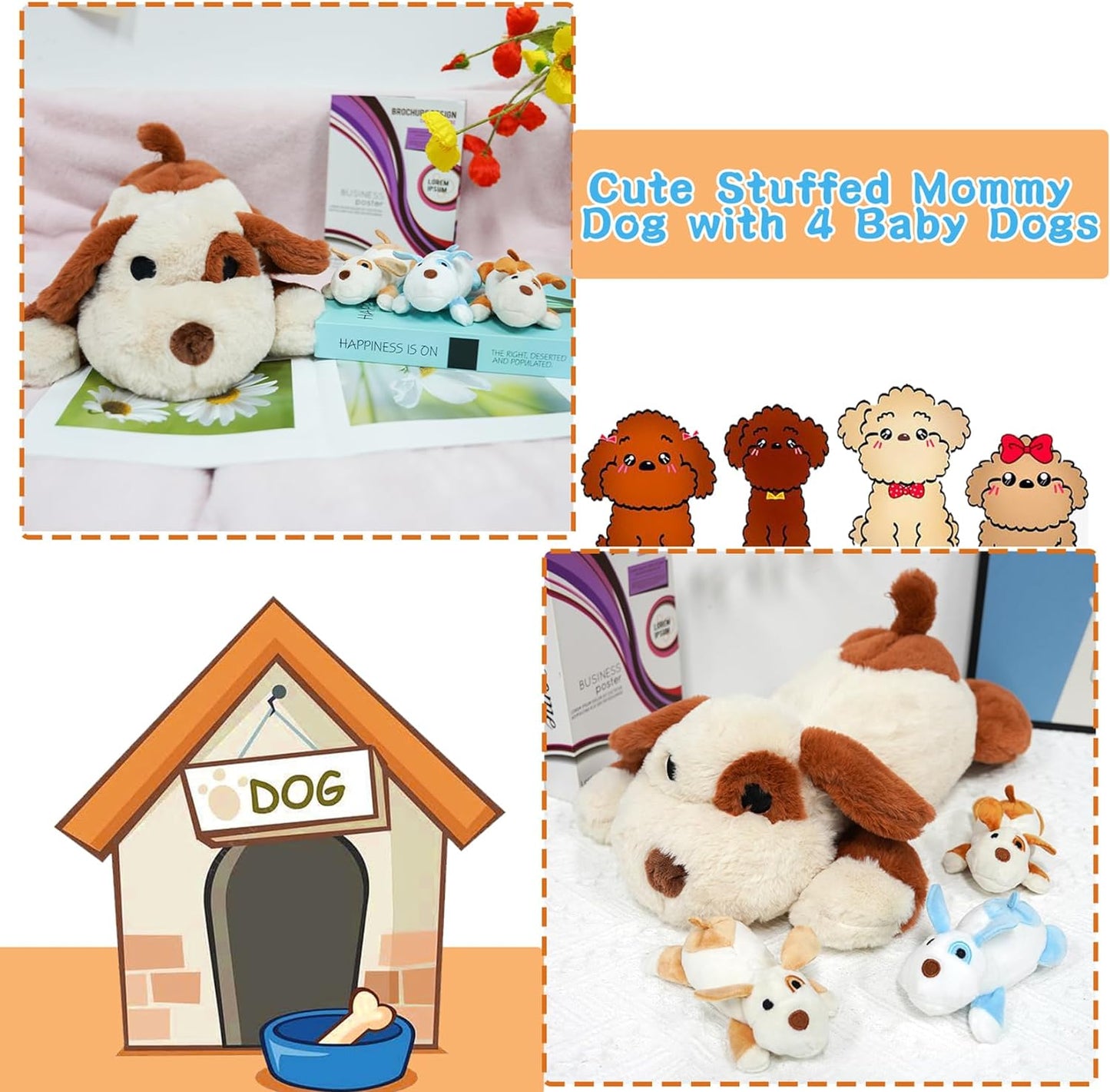 Dog Plush Dog Stuffed Animal Toy, Soft Mommy Dog with 3 Stuffed Puppies in Her Tummy, Cute Dog Stuffed Doll Toy for Kids Boys Girls (Dog Plush Set)
