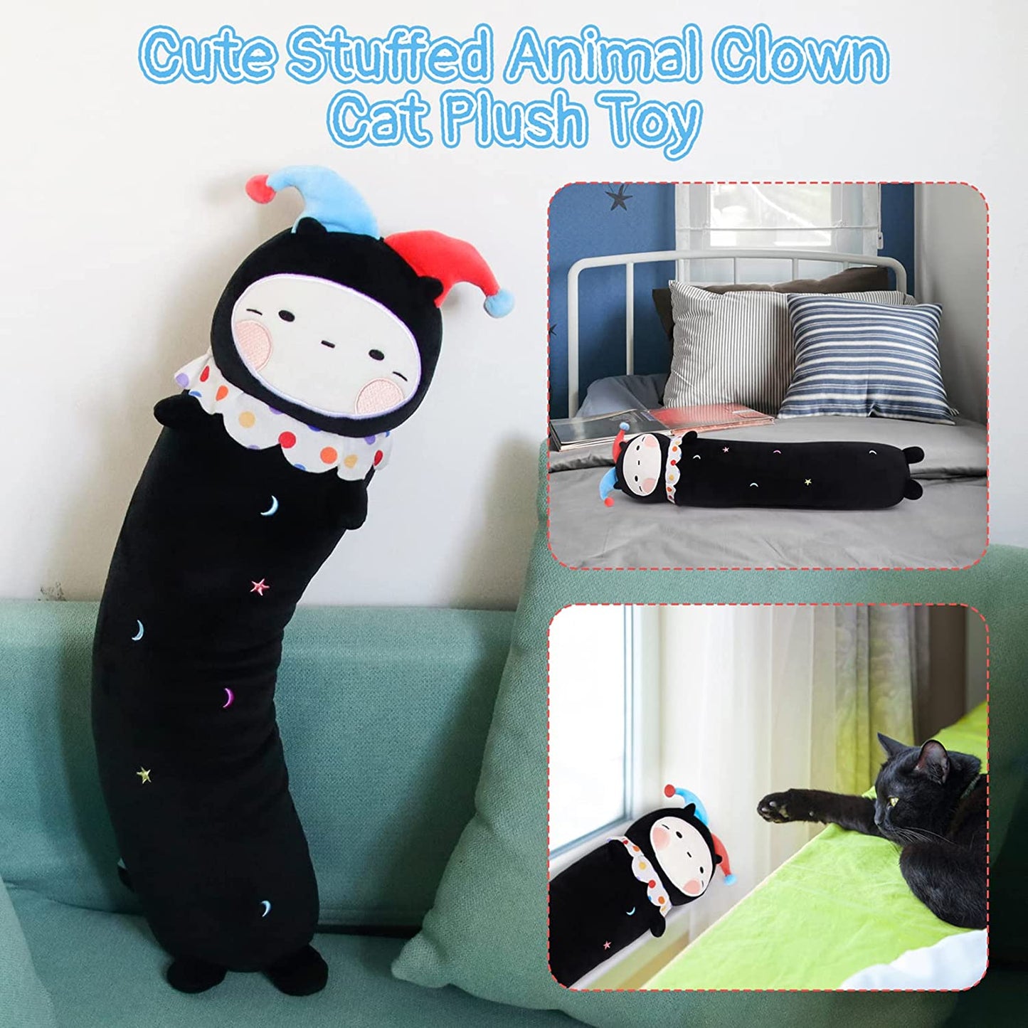 Long Cat Plush Body Pillow, Cute Halloween Clown Plush Long Cat Throw Pillow, Kawaii Stuffed Animal Clown Cat Plush Toys for Kids, Boys, Girls (Black, 61cm/24in)