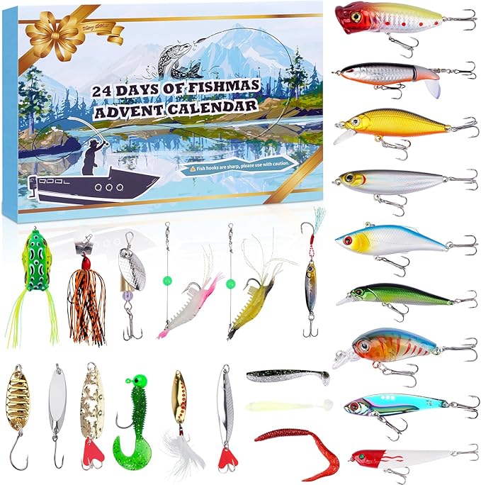 Advent Calendar Fishing 2024,24-Day Christmas Countdown Fishing Advent Calendar Lures Set, Xmas Surprise Gift for Fisher Father Grandpa Boyfriend