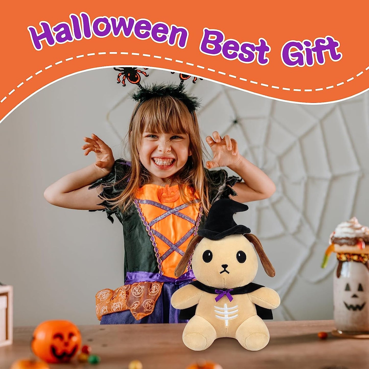 Peluche de perro de Halloween de 8 pulgadas, capa de juguete de peluche para cachorros, linda muñeca de peluche con sombrero de bruja, regalos de decoración de Halloween para niños y niñas