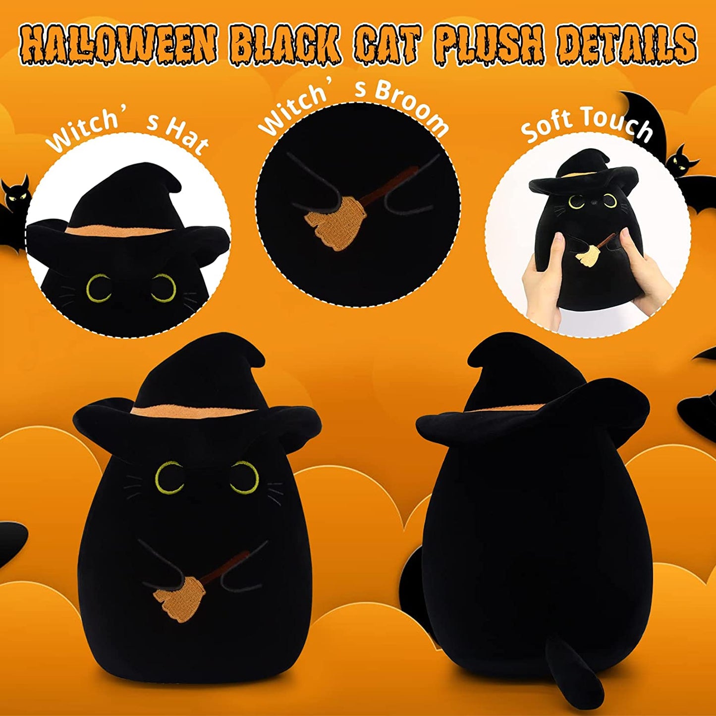 Black Cat Pillow Black Cat Plush Toy, Soft Halloween Plush Cat Toy with Hat, Cute Halloween Plush Witch Black Cat Doll, Kawaii Halloween Witch Cat Plush Gift for Kids Boys Girls