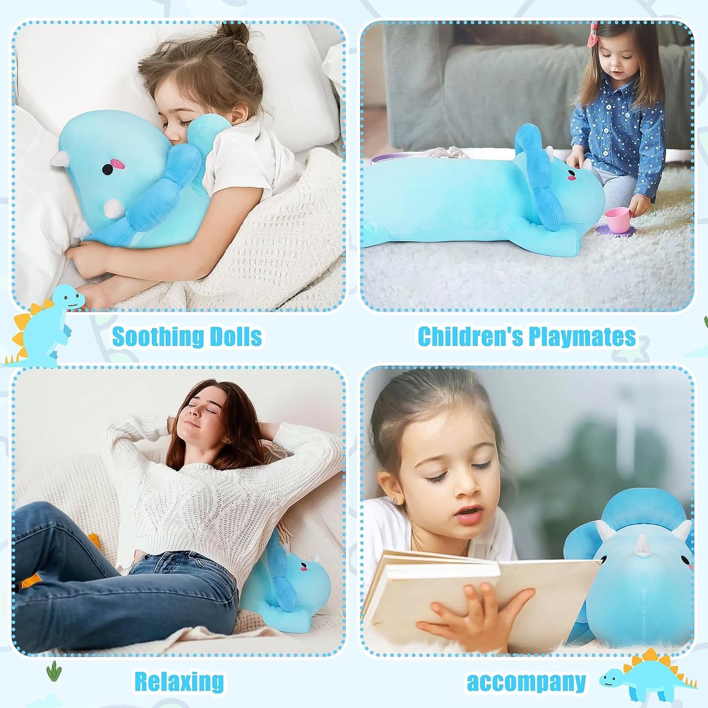 Almohada larga de felpa de dinosaurio, linda almohada de felpa de dinosaurio azul, juguete de peluche de dinosaurio kawaii Marca: Leokawin