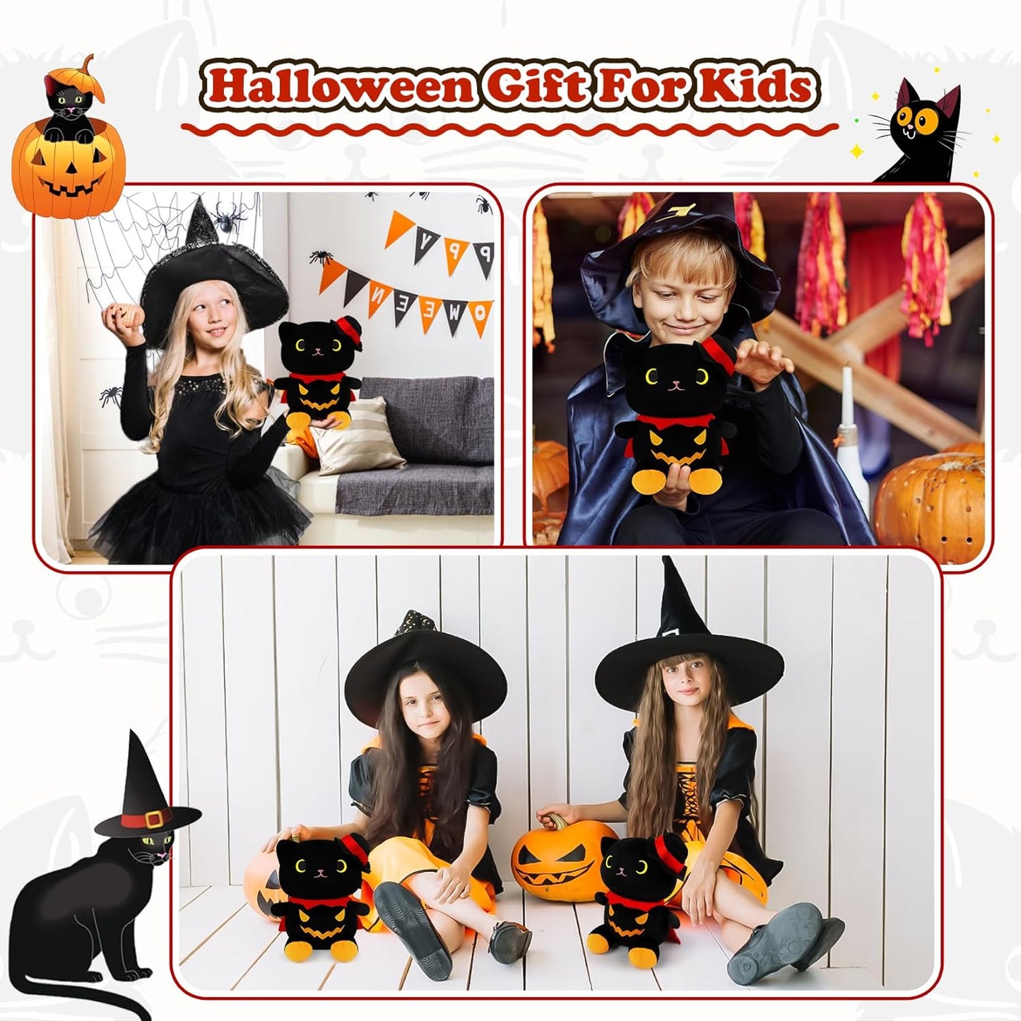 Halloween Plush Black Cat Stuffed Animal Toy, Cute Black Cat Plushie Pillow Soft Cat Stuffed Doll for Boys Girls, Kawaii Halloween Decoration…