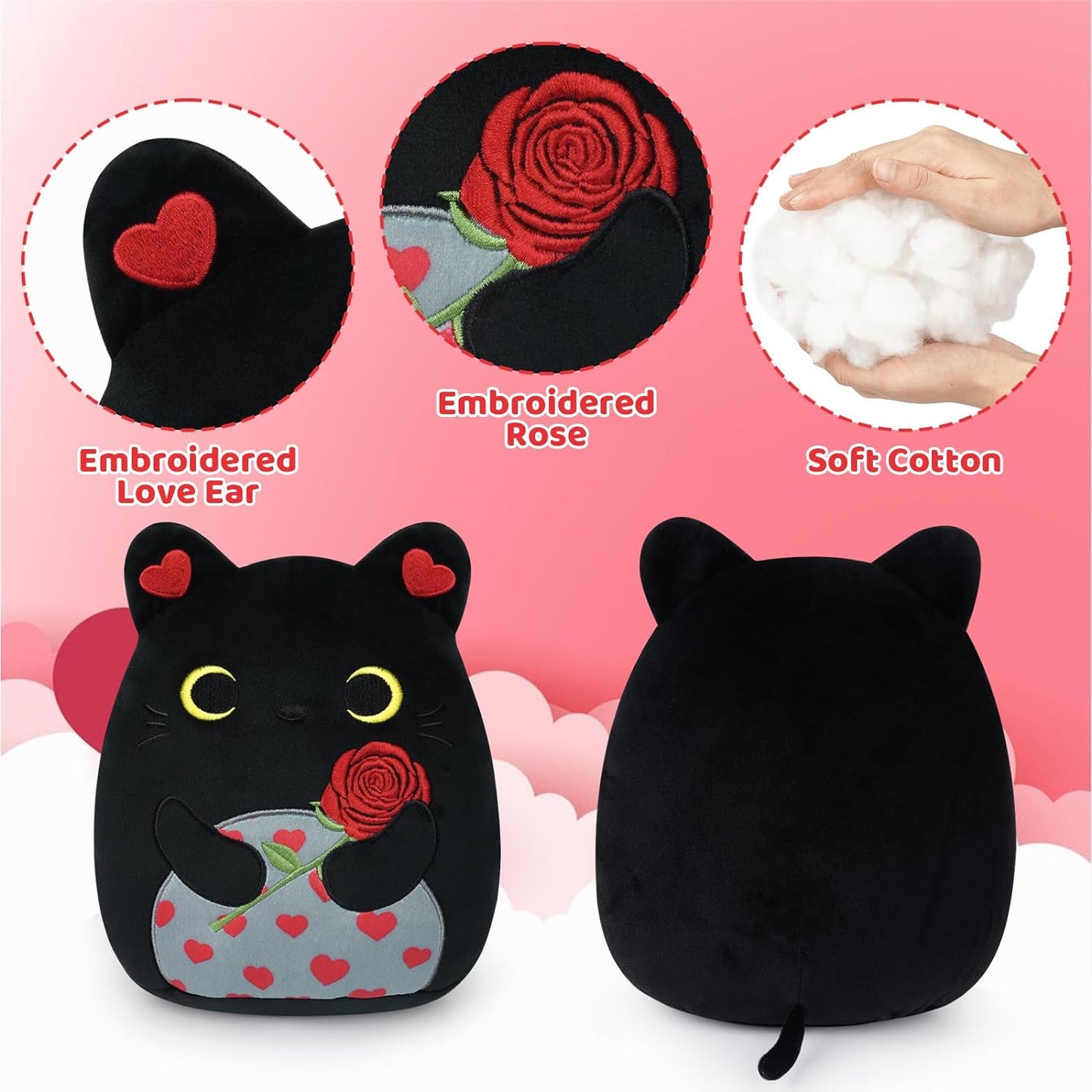 Black Cat Plush with Rose Decor, 8in Cat Stuffed Animals, Kawaii Stuffed Cat Plushie, Black Cat Toys Doll, Cute Cat Plush Pillow,Gift for Valentine's Day,Birthday,Christmas