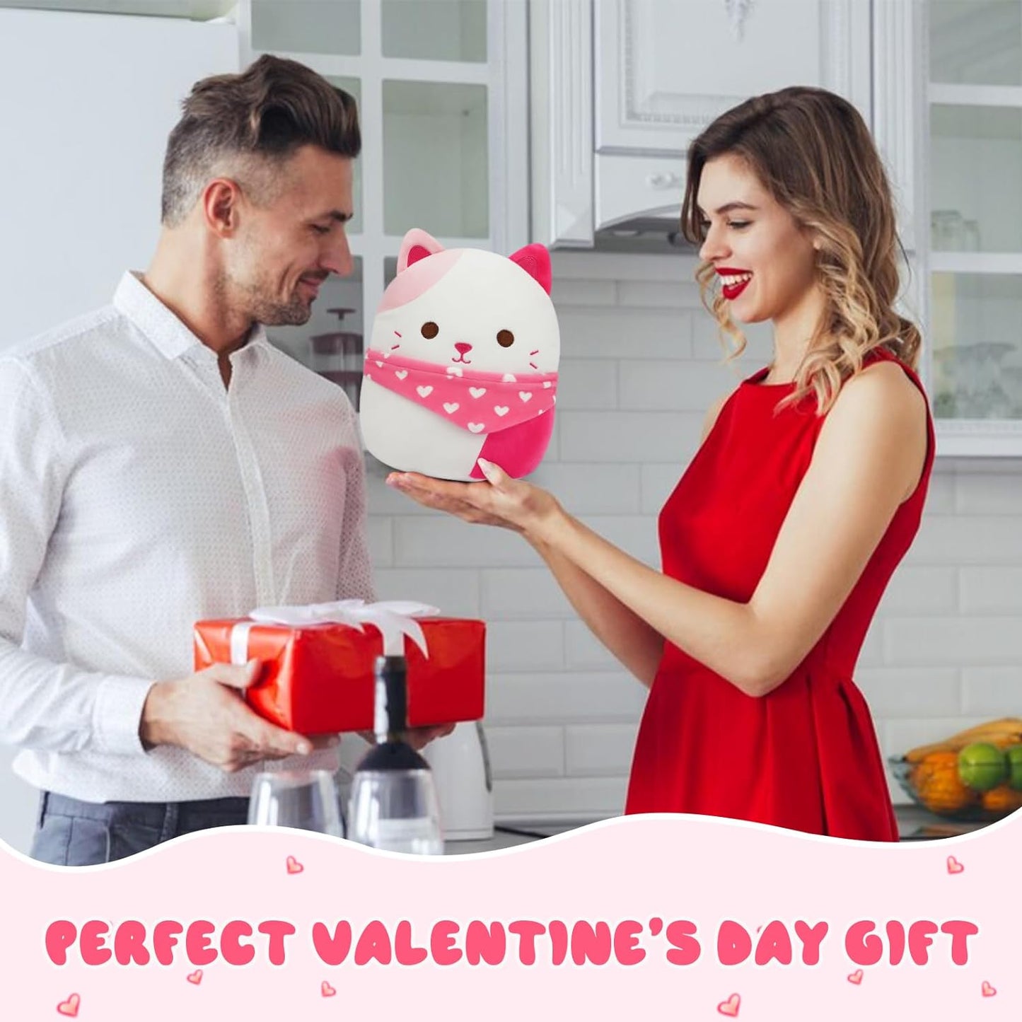 Cat Stuffed Animal Cute Cat Plush Toy, 8in Valentine's Day Love Cat Plush Doll, Kawaii Cat Plush with Collar Scarf, Cute Plushies Gifts for Kids Girlfriends