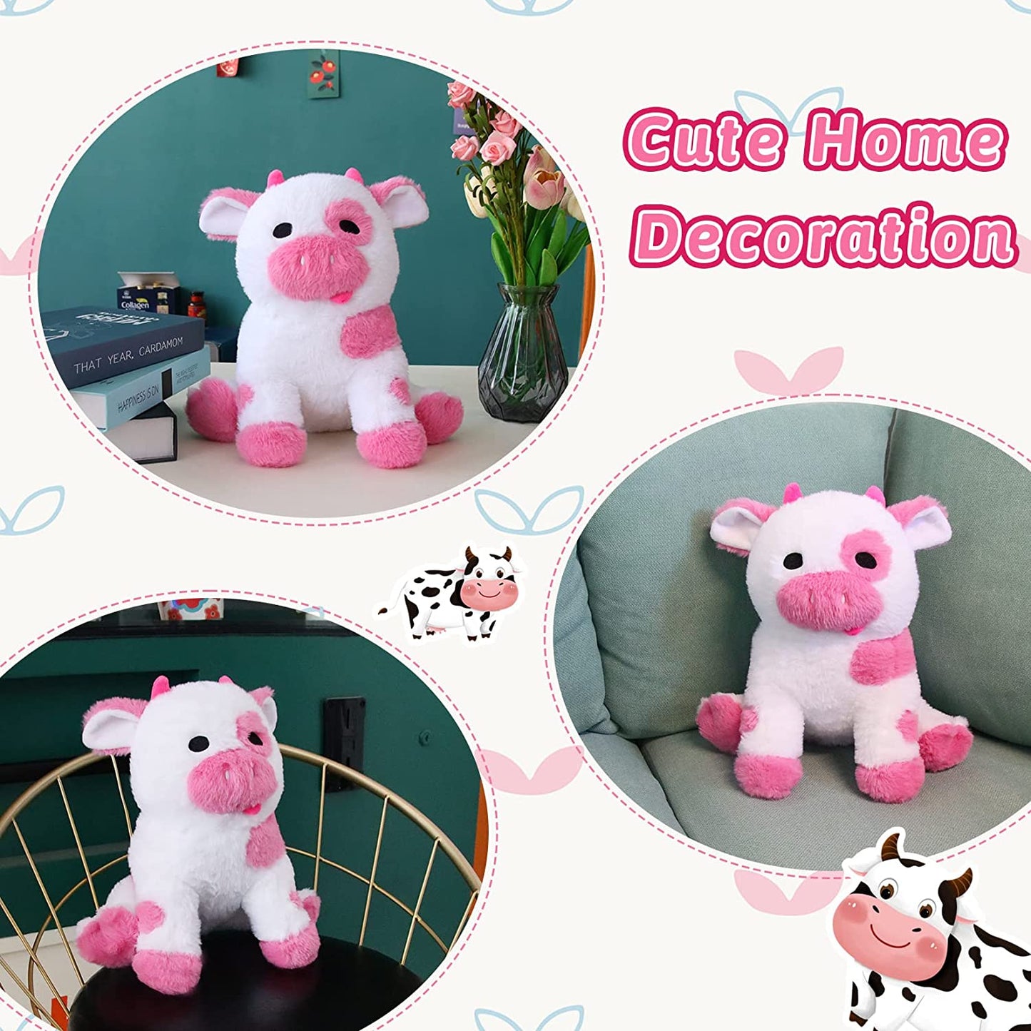 Cow Stuffed Animals Cow Plush Toy, Cute Soft Pink Cow Plushies Stuffed Animal Cow Plush Pillows, Kawaii Plush Cow Stuffed Cow Toys for Kids Christmas Halloween Birthday Gifts