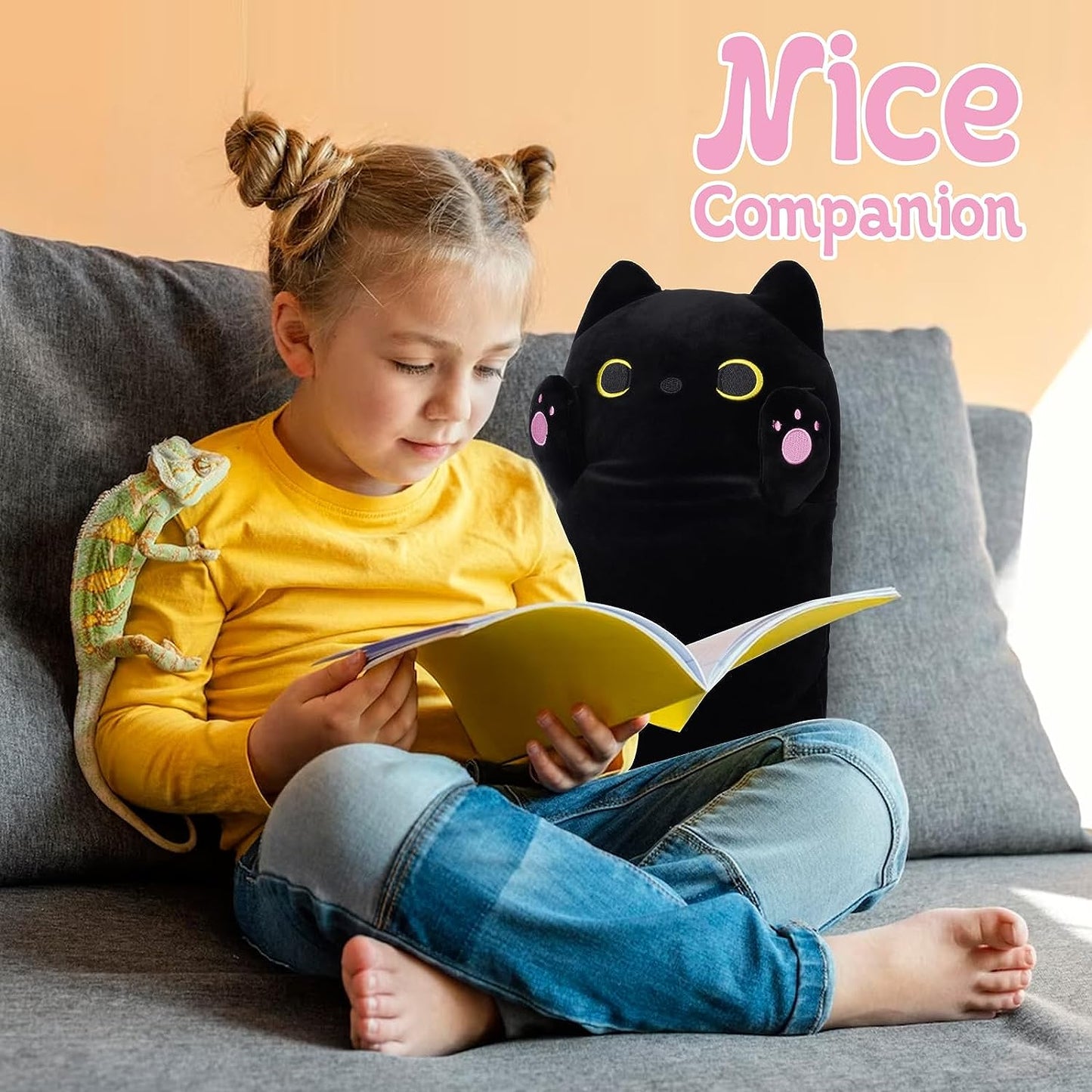 Almohada larga de felpa para gato, 24 pulgadas, lindo animal de peluche de gato negro, peluche de gato largo de dibujos animados, suave gato negro de peluche para niños, cumpleaños, Halloween