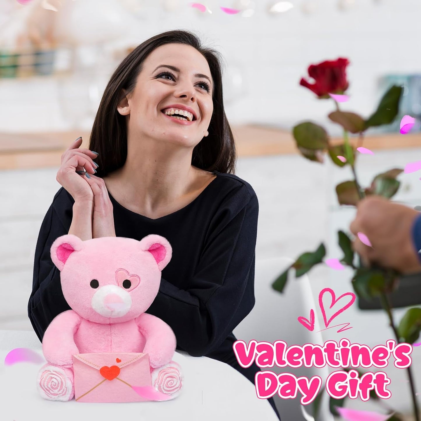 Pink Teddy Bear Plush Toy, Cute Valentine's Day Teddy Bear Stuffed Animal, Soft Stuffed Bear Doll Valentine's Day Gift for Girlfriends