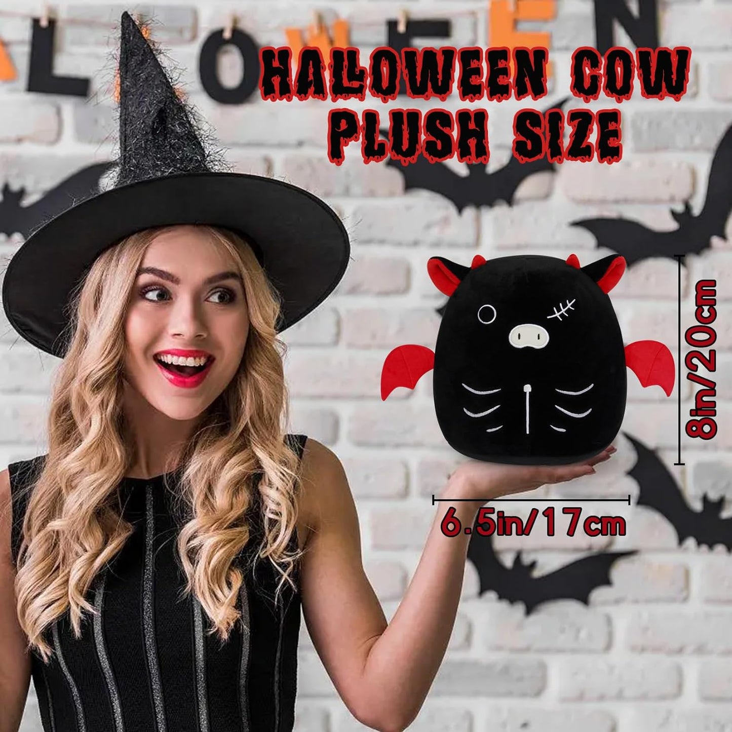 Cow Plushie Halloween Cow Stuffed Animal Toy, 20cm Cute Black Cow Stuff Plush Pillow, Kawaii Home Decor Halloween Bat Plush Doll Gift for Kids Boys Girls