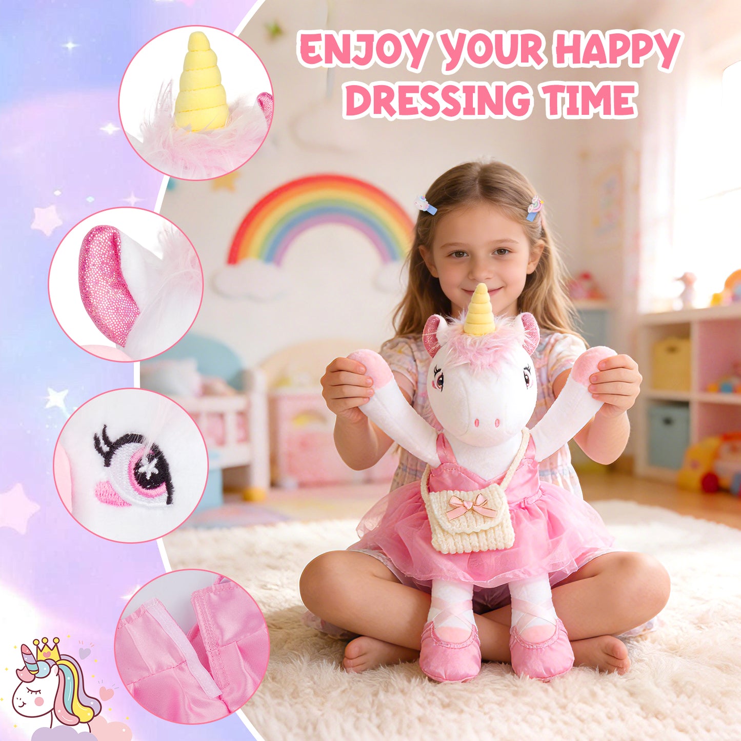 Unicorns Toys for Girls Age 4-10, 11PCS Ballerina Doll Unicorn Stuffed Animals Toy with 2 Set Ballerina Dresses, Shoes, Bags & Hair Clips, Birthday Gifts Set for Girls