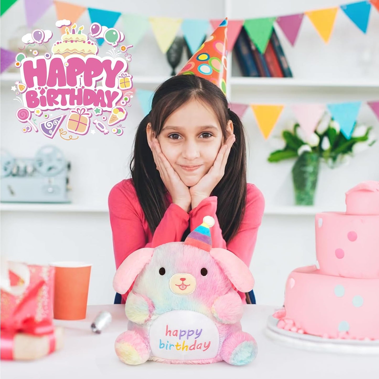 Happy Birthday Dog Plush, 9inch Rainbow Birthday Dog Stuffed Animal Happy Birthday Plush, Cute Soft Puppy Plush Toy Birthday Gift for Kids, Women, Girlfriend