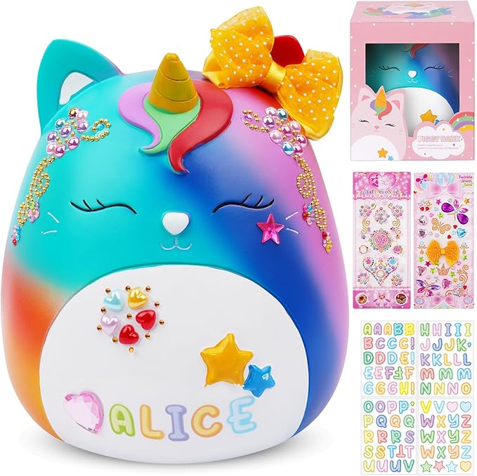 Piggy Bank Girls, 6.5Inch Unbreakable Unicorn Coin Money Bank with DIY Stickers, Cute Plastic Piggy Bank for Kids Adults Great Gifts for Birthday, Baby Shower, Home Decor