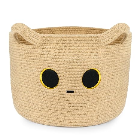 Cute White Cat Basket Round Basket, Cotton Rope Basket Woven Blanket Basket, Large Baby Laundry Basket For Nursery Hamper, Great Storage Basket for Gift, Pet Gift Basket 32L
