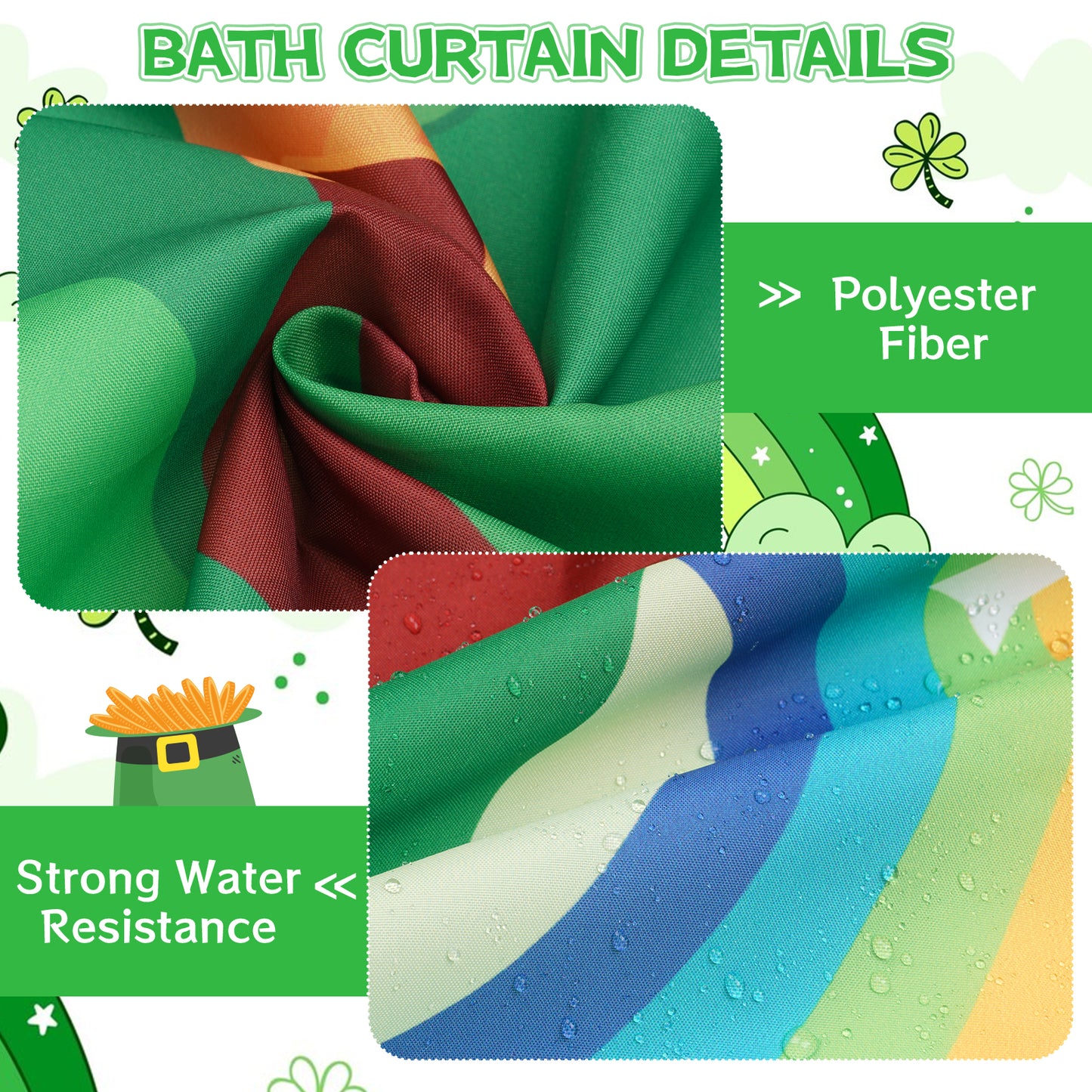St Patricks Day Shower Curtain Set, 4pcs Happy St Patricks Day Shower Curtain with Non Slip Rugs, Toilet Lid Cover and Bath Mat, Green Shamrock Waterproof Fabric Bathroom Curtain