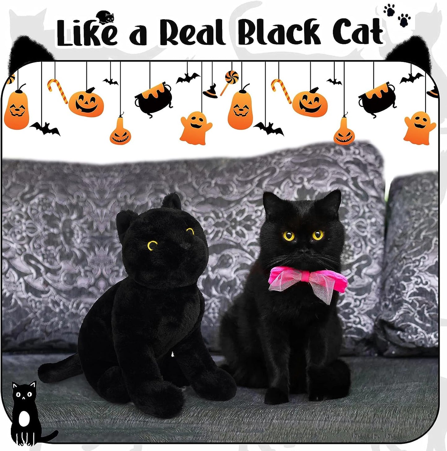 Juguete de peluche de gato negro, suave almohada de peluche de gato negro, lindo juguete de peluche para niños y niñas