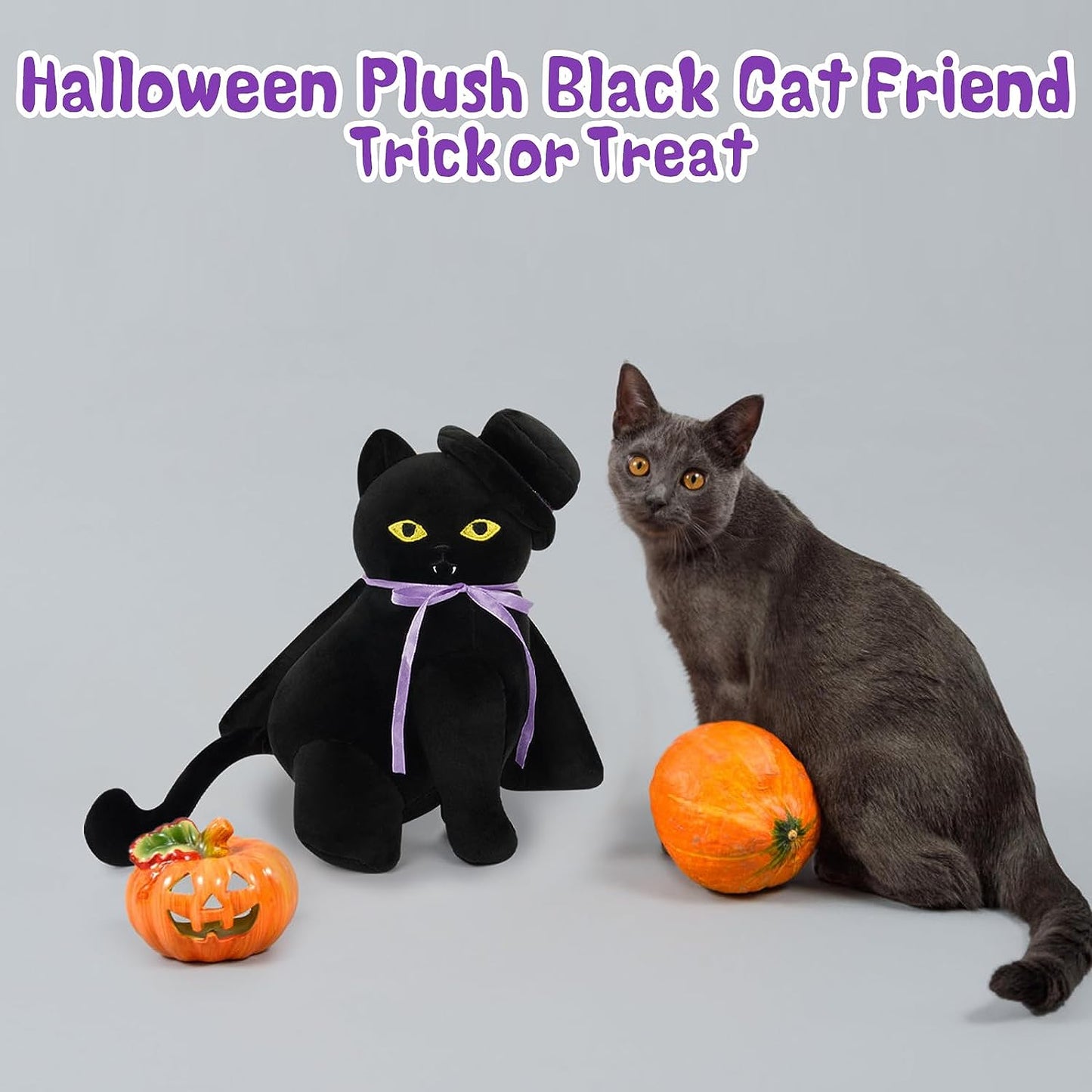 Halloween Black Cat Stuffed Animal - Cute Black Cat Plush with Hat Cloak, Halloween Plush Cat Plushie Halloween Stuffed Cat Toys, Halloween Vampires Cat Plush Doll Decorations