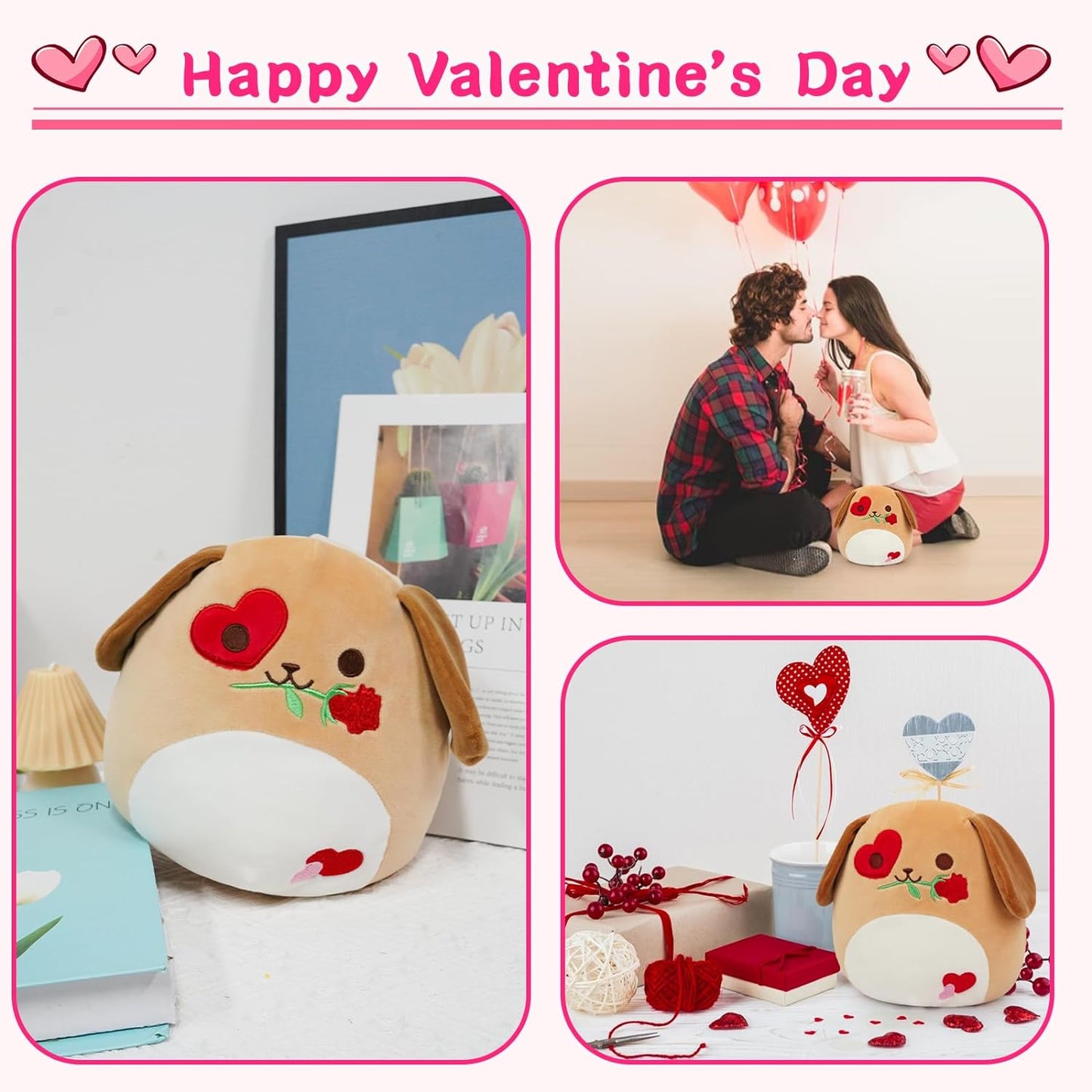 Valentine's Day Plush Dog Stuffed Animal Toys, Cute Valentines Day Dog Plush Gripper Rose, Kawaii Brown Heart Dog Plushie Doll, Soft Dog Plush Gift for Girlfriends Valentine's Day