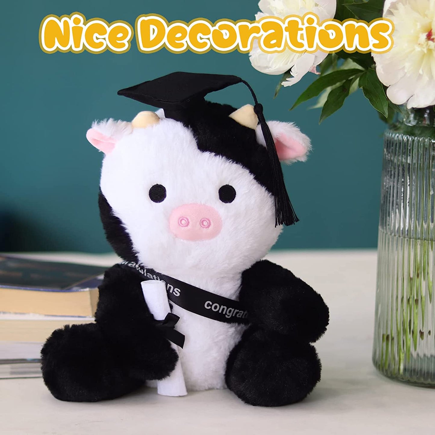 Cow Stuffed Animals Cow Plush Pillow, Cow Graduation Plush Black Cow Plushie, Graduation Cow Plush Toy White Stuffed Animal Cow for Girls Boys Graduation Party College Graduation Gift