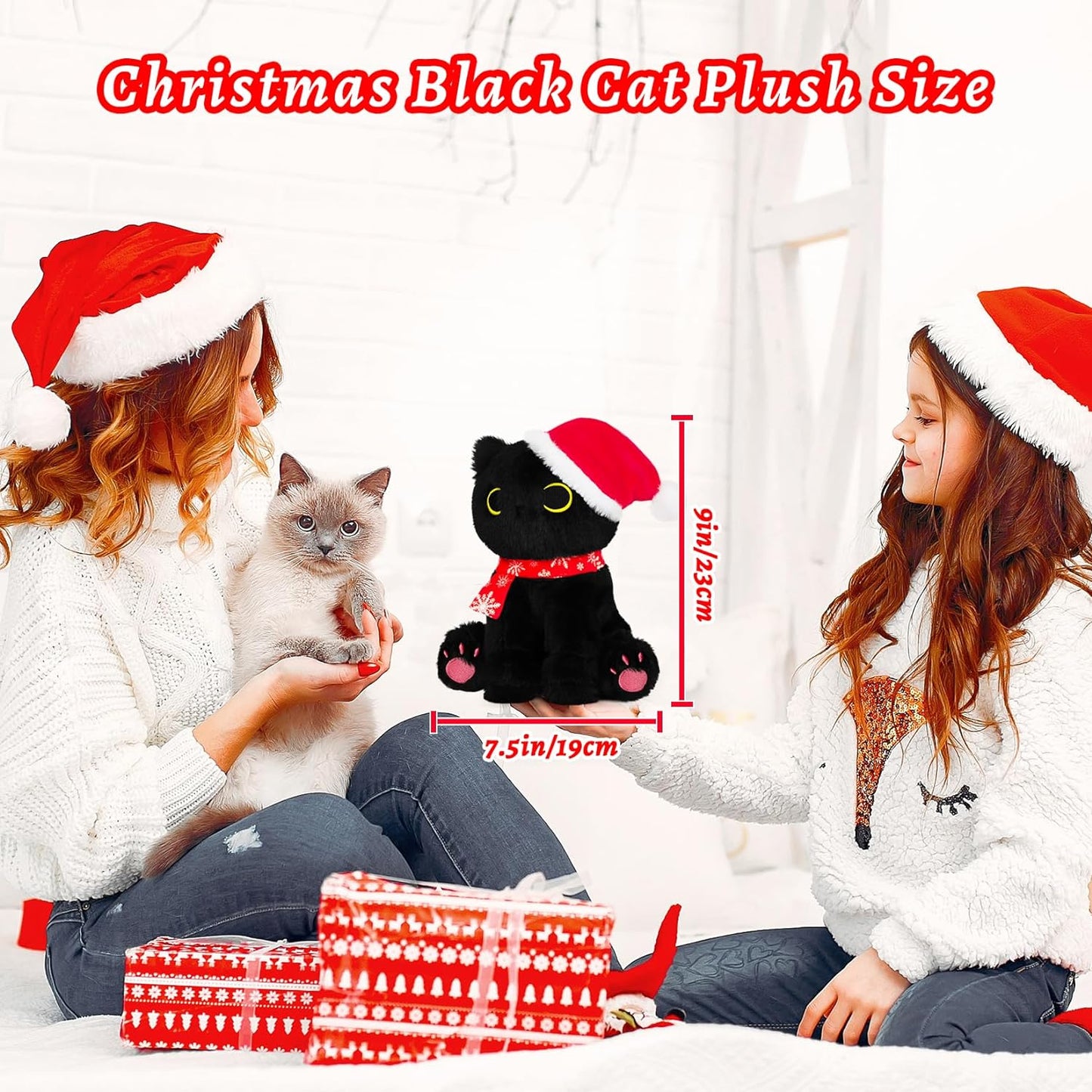 Black Cat Plush Pillow, Cute Christmas Plush Black Cat Stuffed Animals Toy for Kids, Soft Stuffed Cat Doll for Girls Boys, Kawaii Home Decortaion