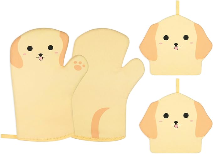 Oven Mitts and Pot Holders 4 Pcs Set,Cute Dog Oven Mitts and Potholder, Heat Resistant Long Kitchen Cotton Oven Glove for Cooking Baking,Gifts for Dog Lovers(Yellow)
